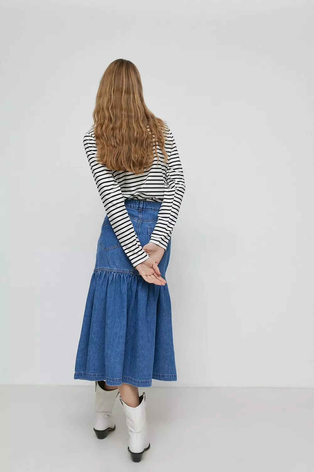 Denim Utility Gathered Seam Midi Skirt